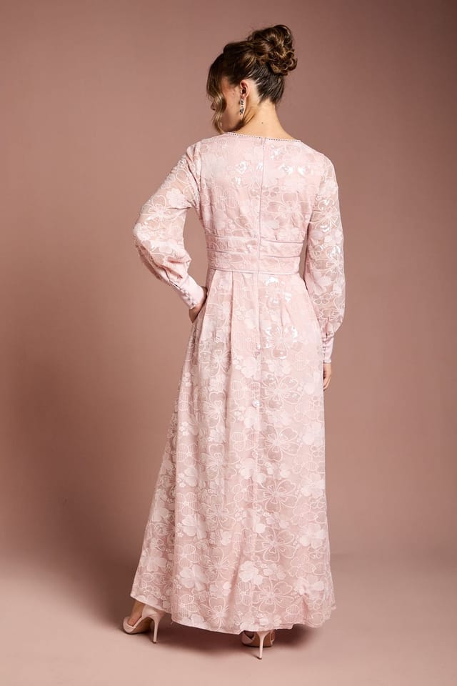 Coast Coast Women's Blouson Sleeve V Neck Sequin Floral Mesh Midaxi Dress in Blush - 3