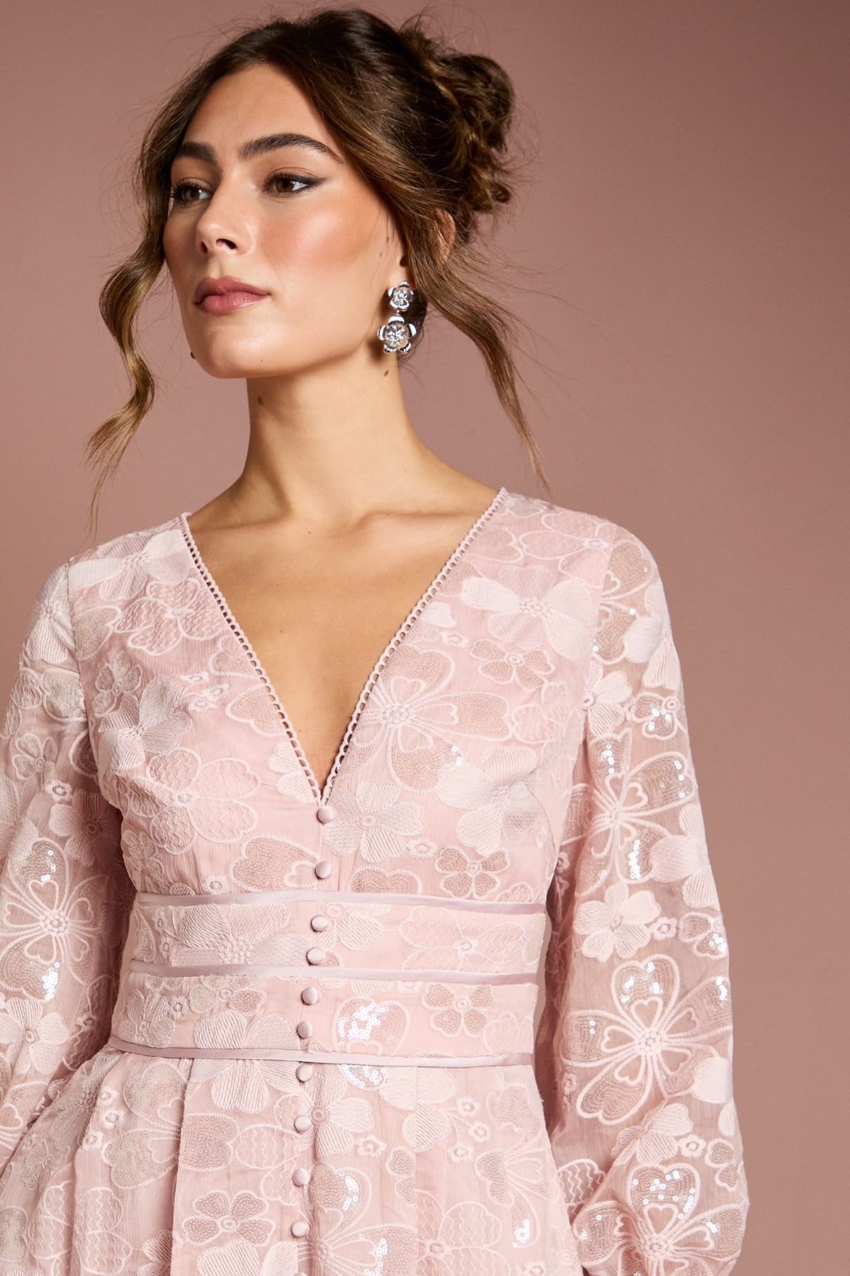 Coast Coast Women's Blouson Sleeve V Neck Sequin Floral Mesh Midaxi Dress in Blush - 4