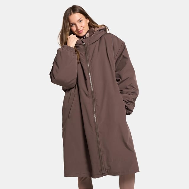 OHS OHS Women's 2 Piece Plain Changing Robe & Half-Zip Teddy Fleece Co-Ord Set in Brown - 3