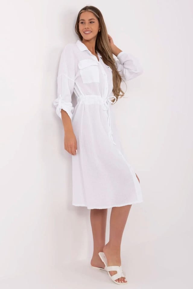 Love Lace Love Lace Women's Shirt Cut Cotton Midi Dress with Waist Tie in White - 2