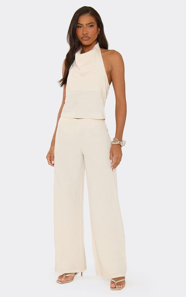 EGO Low Rise Trousers In Stone Linen Look, Women's Size UK 6 - 2