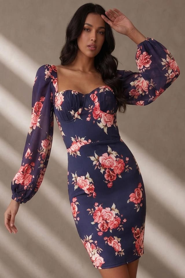 chi chi london Chi Chi London Women's Balloon Sleeve Floral Bodycon Mini Dress in Blue - 3