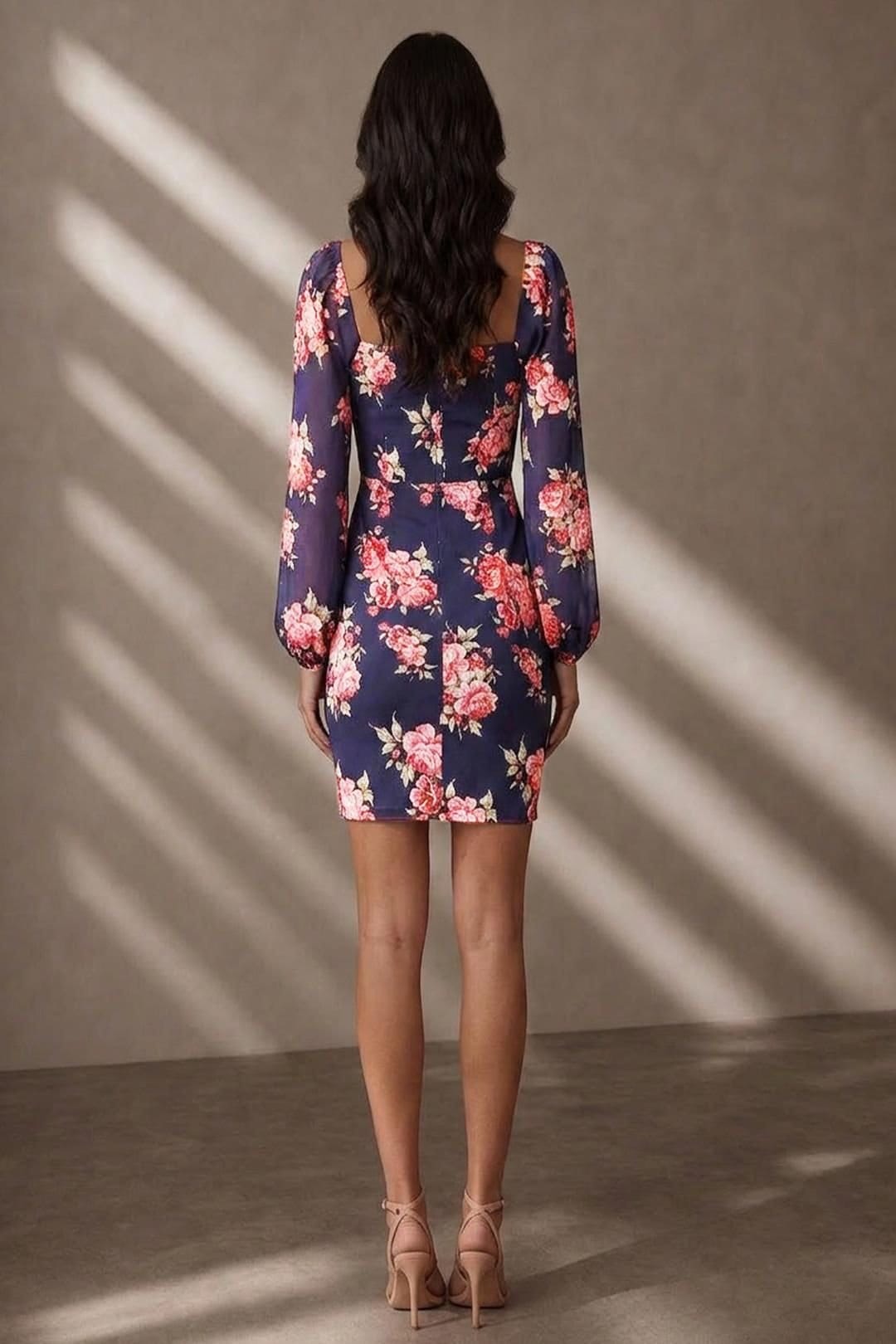 chi chi london Chi Chi London Women's Balloon Sleeve Floral Bodycon Mini Dress in Blue - 4