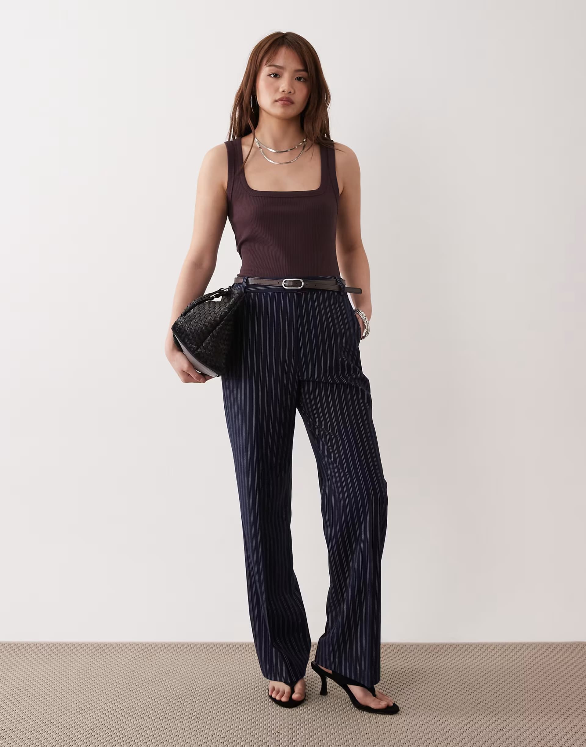 ASOS ASOS DESIGN Petite tailored slim straight trousers in navy stripe