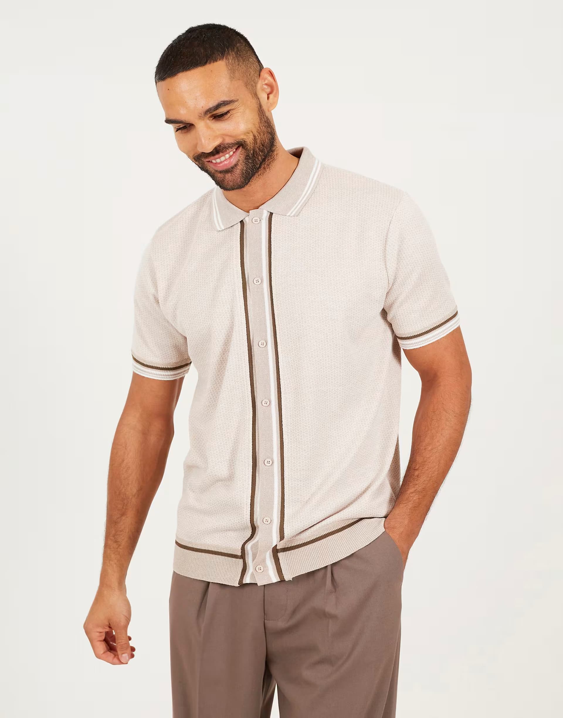 ASOS Brave Soul Knitted short sleeve shirt in beige