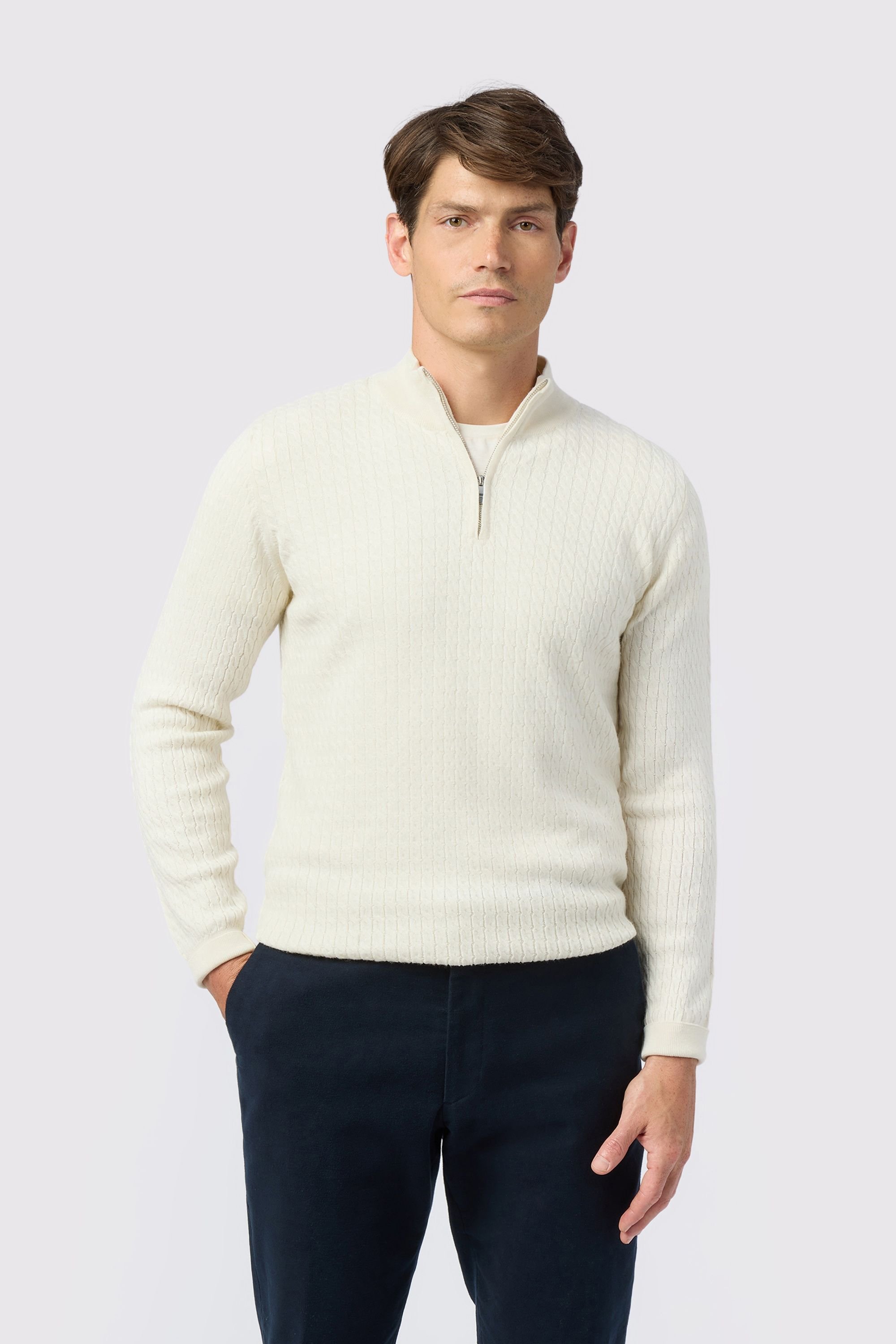 Melka Melka Men's Zip Neck Cable Knit Jumper in Beige - 3