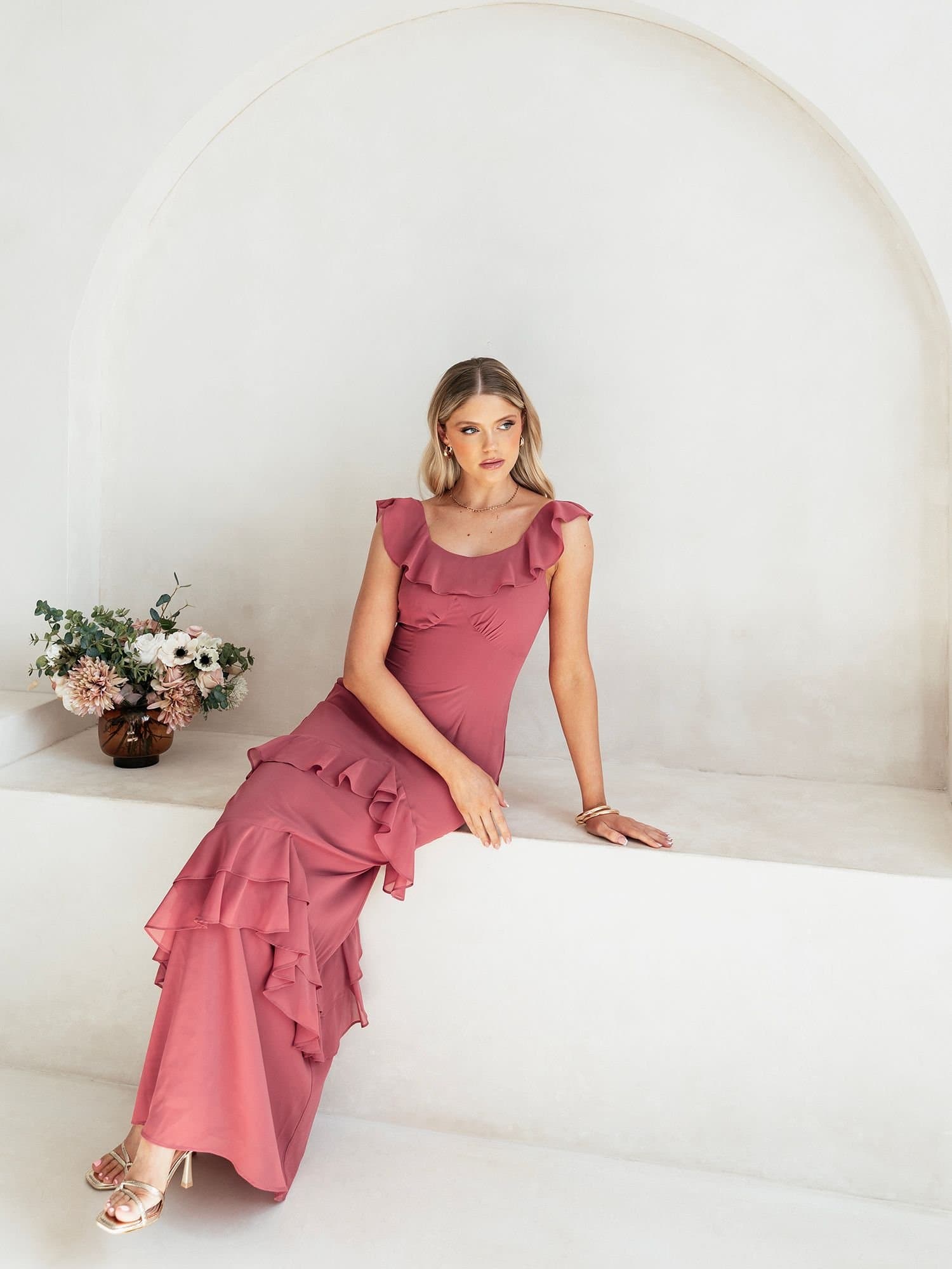 Anaya with Love Anaya with Love Women's Tie-Back Ruffle Maxi Dress in Light Pink