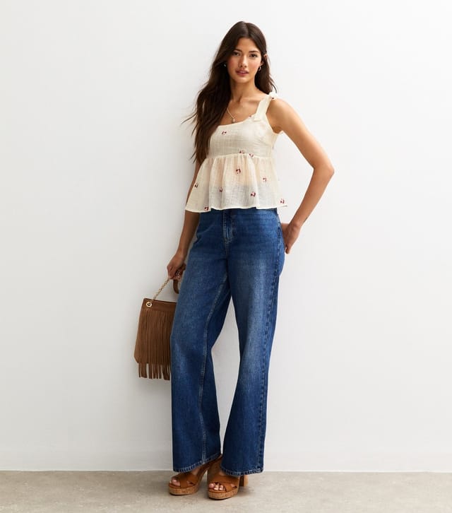 New Look Women's White Textured Floral Embroidered Tie Strap Flared Cami Top New Look - 3