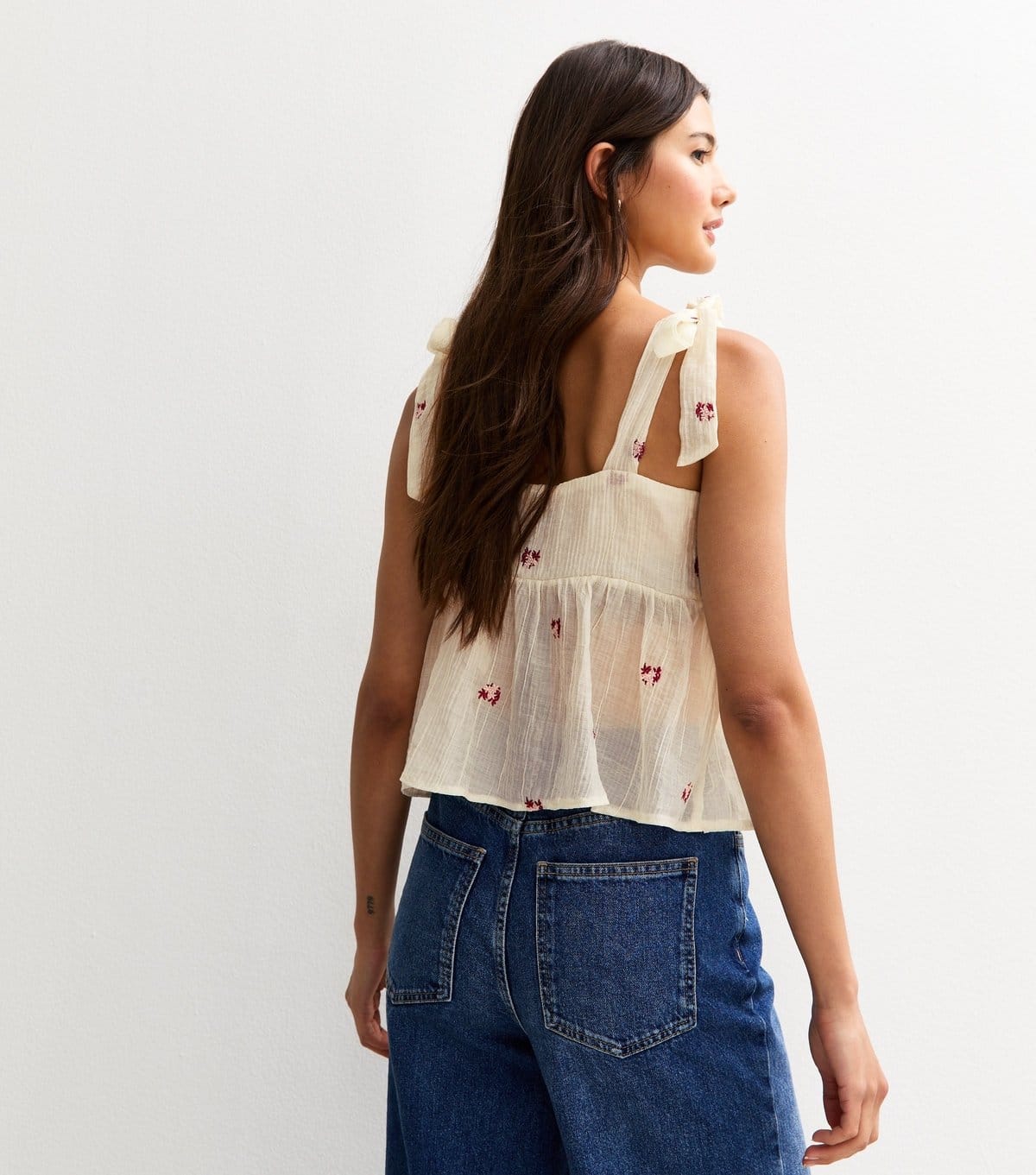 New Look Women's White Textured Floral Embroidered Tie Strap Flared Cami Top New Look - 4