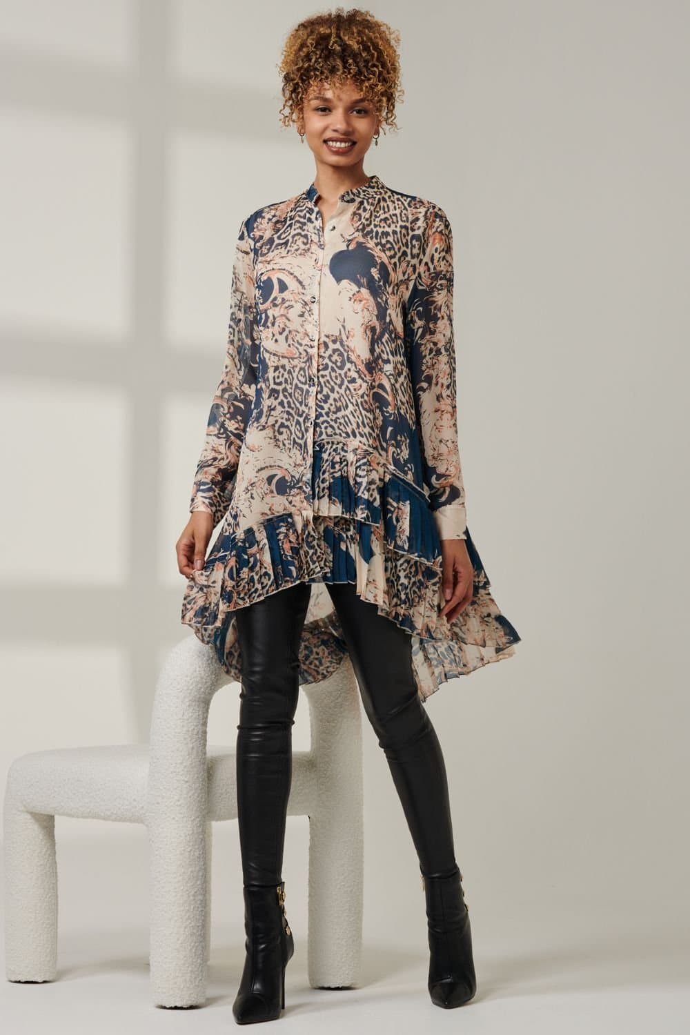 Jolie Moi Jolie Moi Women's Asymmetric Tiered Hem Shirt in Teal