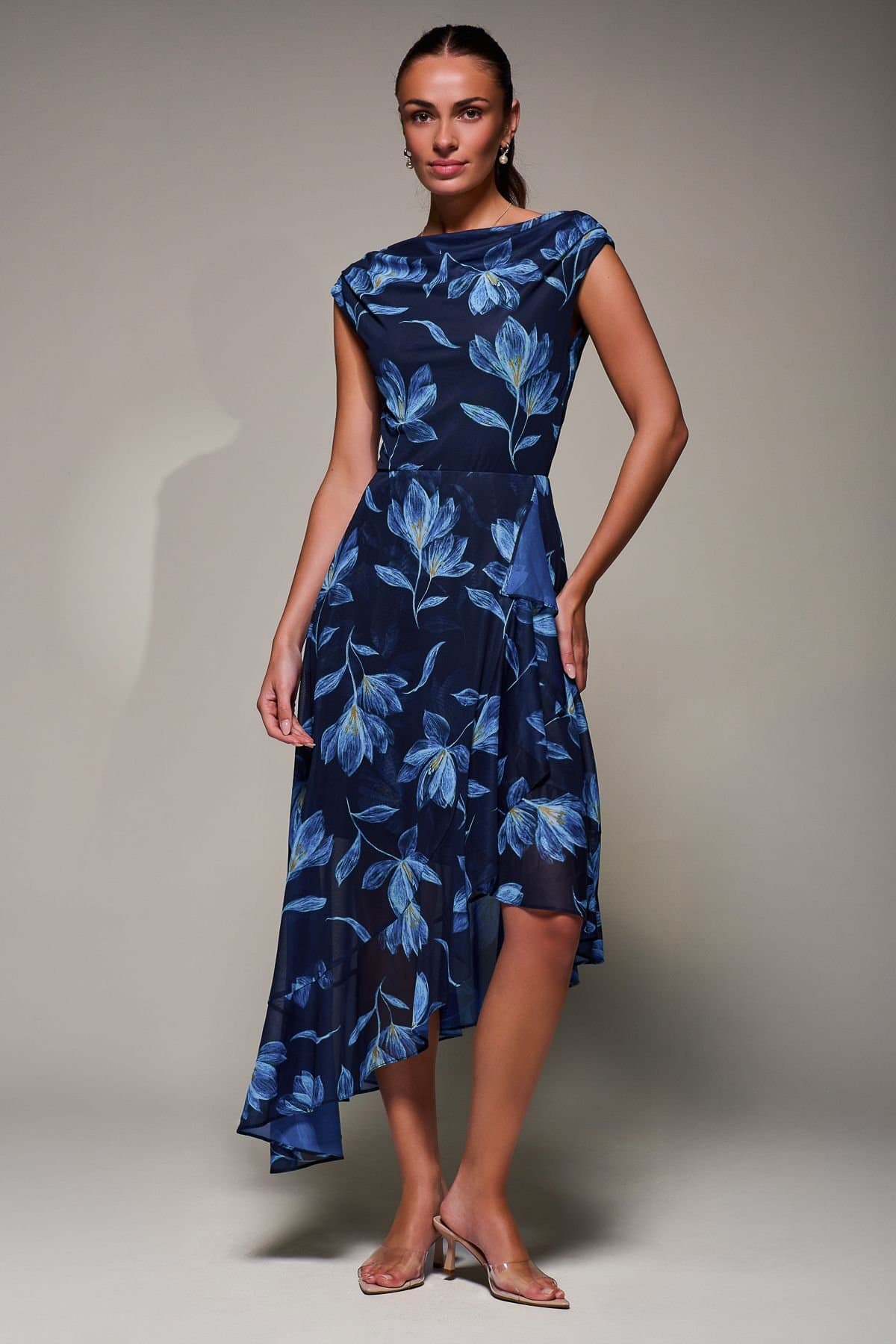 Jolie Moi Jolie Moi Women's Asymmetrical Draped Mesh Midaxi Dress in Navy