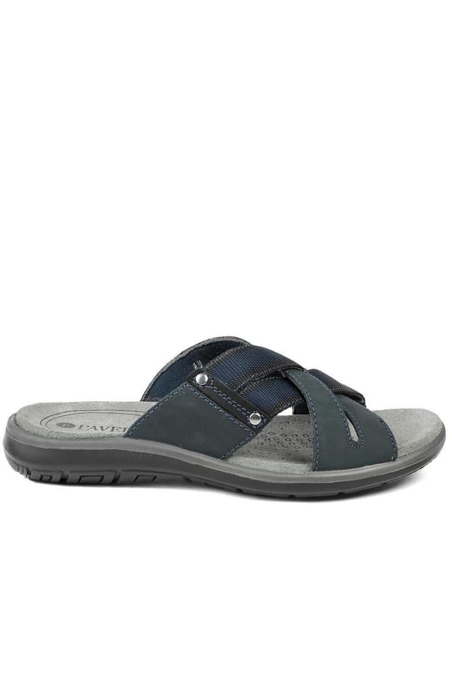 Pavers Pavers Men's Leather Cross Strap Slip On Sandals in Navy - 2