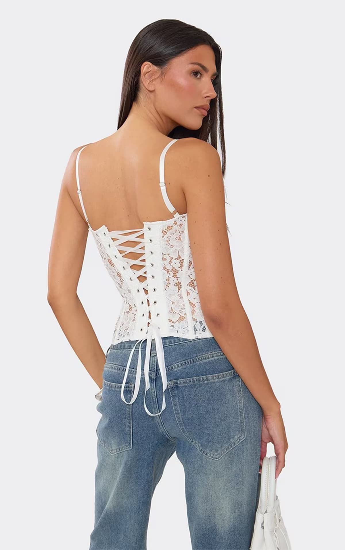 EGO Strappy Corset Top In White Lace, Women's Size UK 6