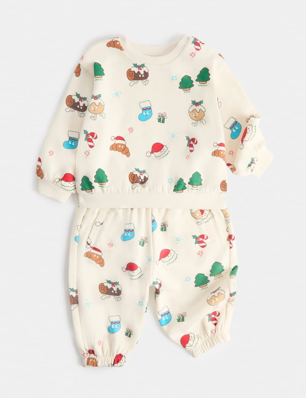 Marks & Spencer M&S 2 Pack Cotton Rich Christmas Top & Bottom Outfit Cream