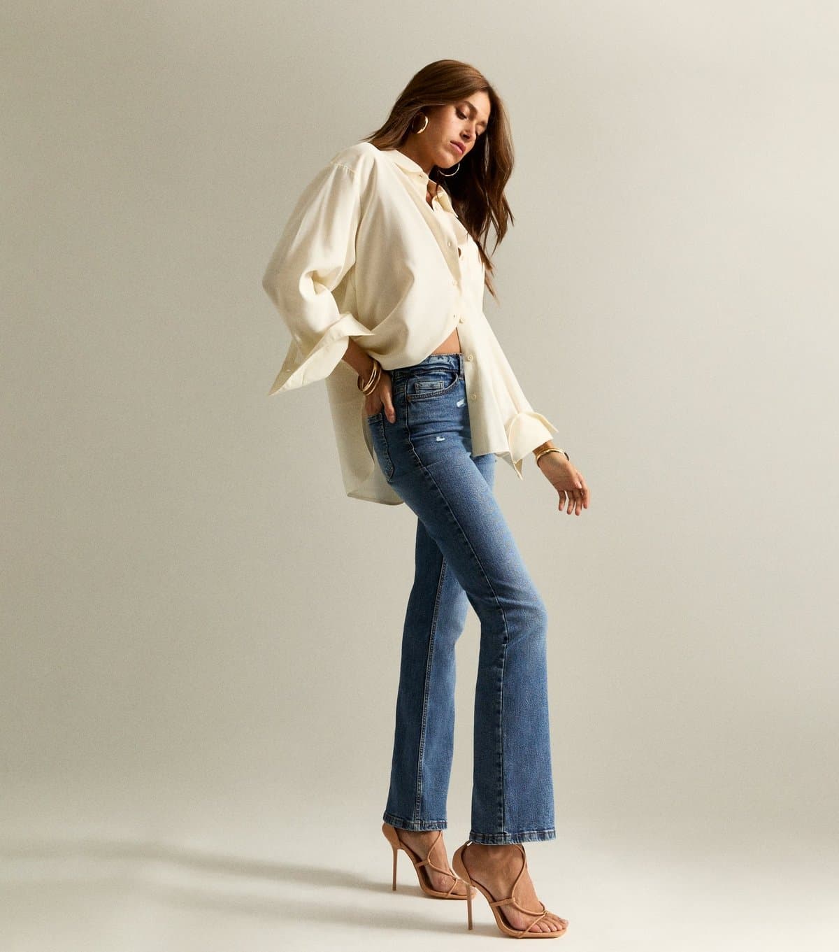 New Look Women's Blue Ripped Detail High Rise Flare Jeans New Look