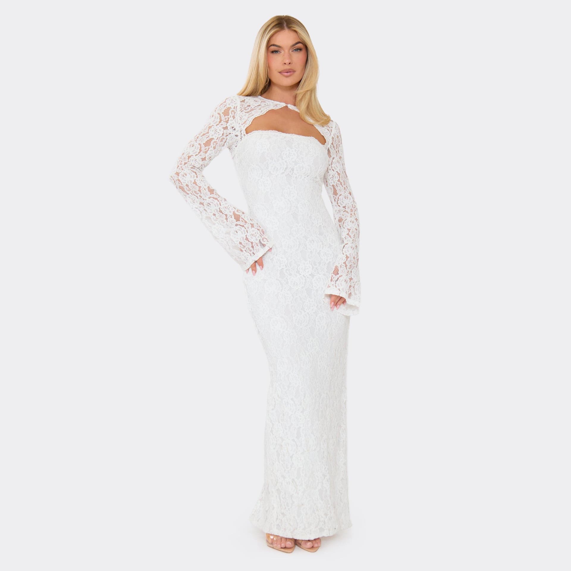 EGO Long Sleeve Cut Out Front Maxi Dress In White Lace, Women's Size UK 6