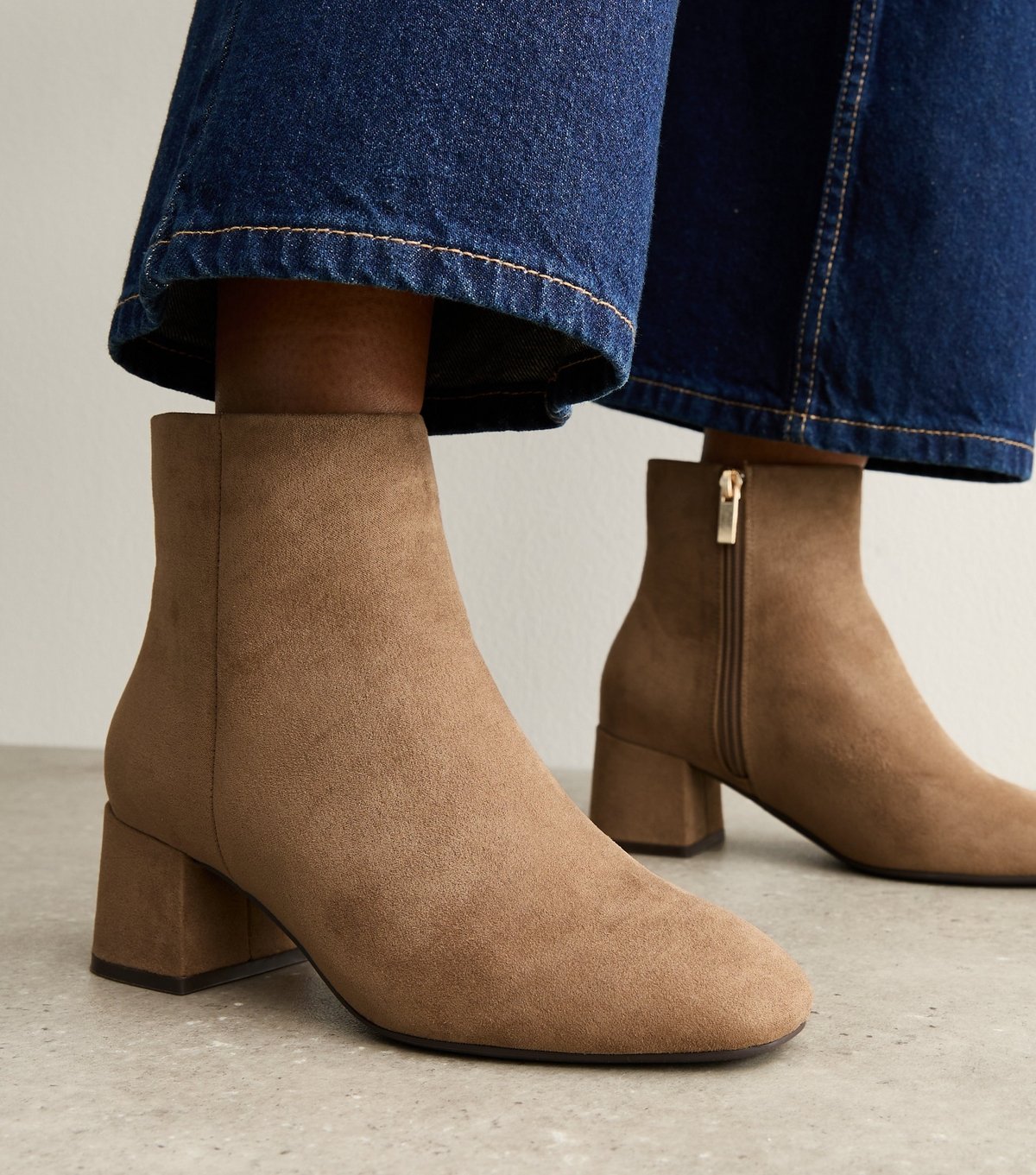 New Look Women's Wide Fit Camel Faux Suede Block Heel Ankle Boots Vegan New Look - 2