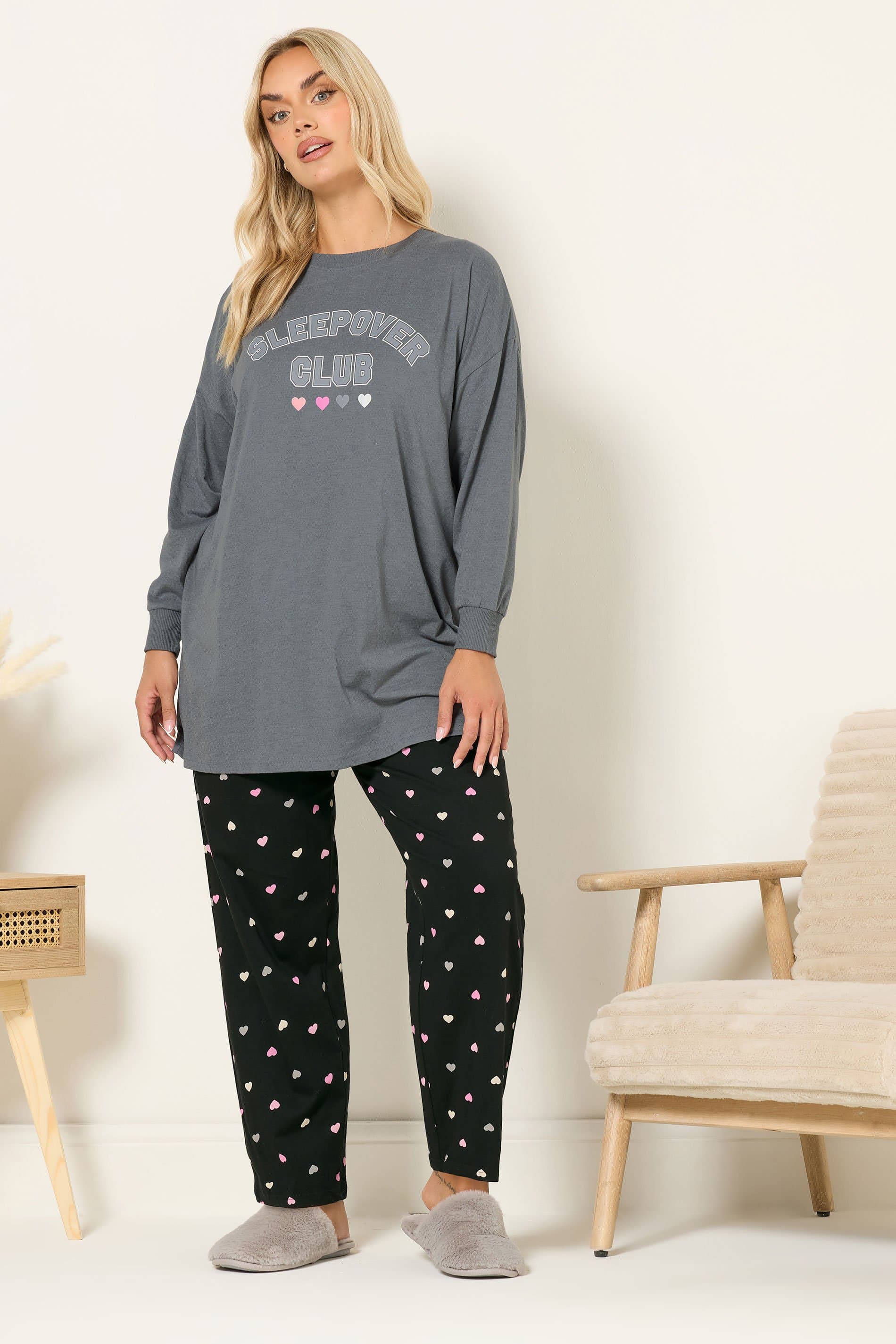Yours Plus Size Grey 'Sleepover Club' Wide Leg Pyjama Set