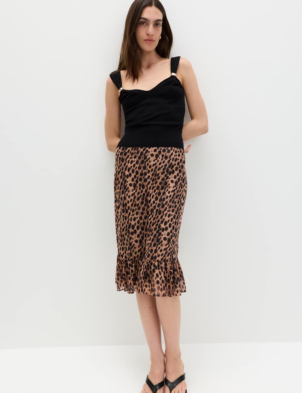 Marks & Spencer M&S Animal Print Ruffle Hem Midi Tiered Skirt Brown Mix