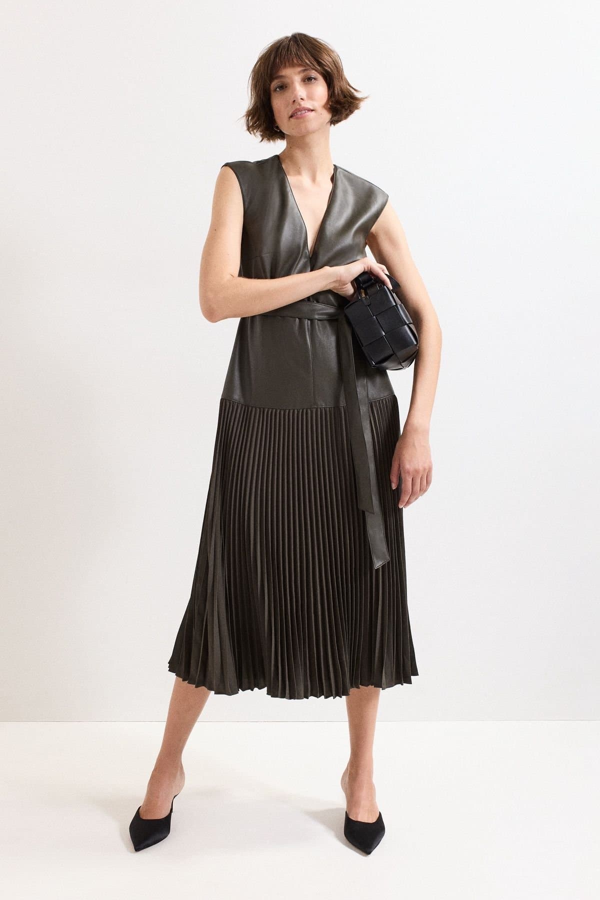 Phase Eight Phase Eight Dark Olive Faux Leather Midi Dress