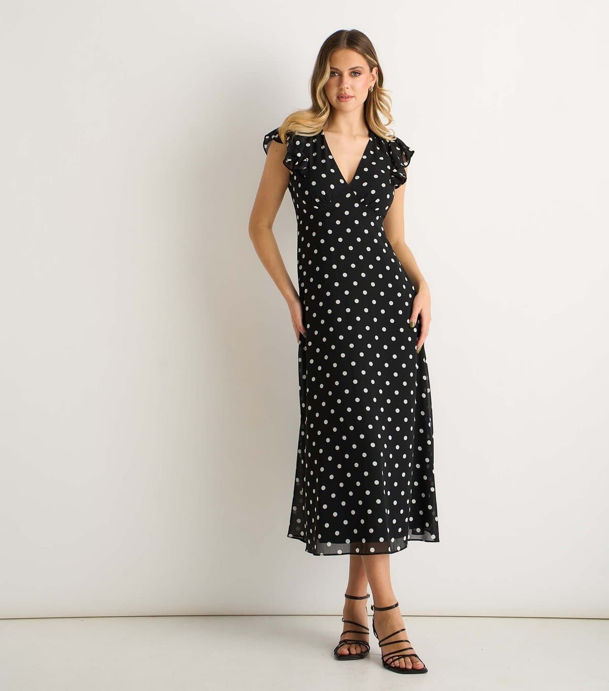 Gini London Women's Black Polka Dot V-Neck Skater Midi Dress Gini London New Look