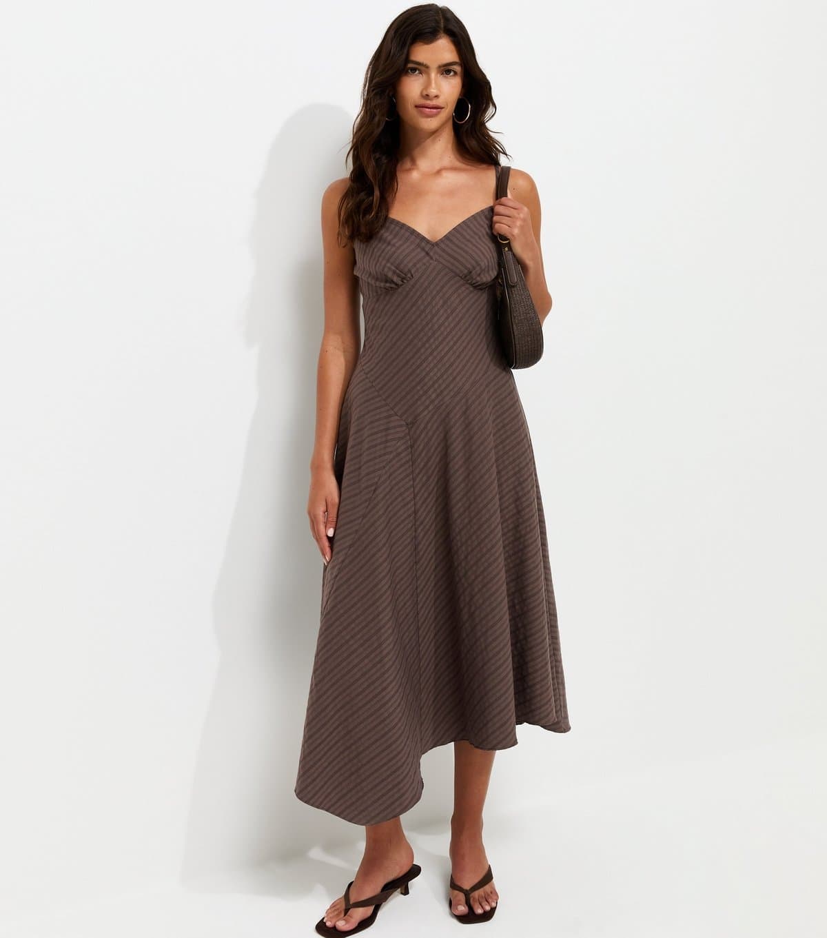 New Look Women's Dark Brown Cotton Rich Asymmetric Hem V-Neck Midi Dress New Look