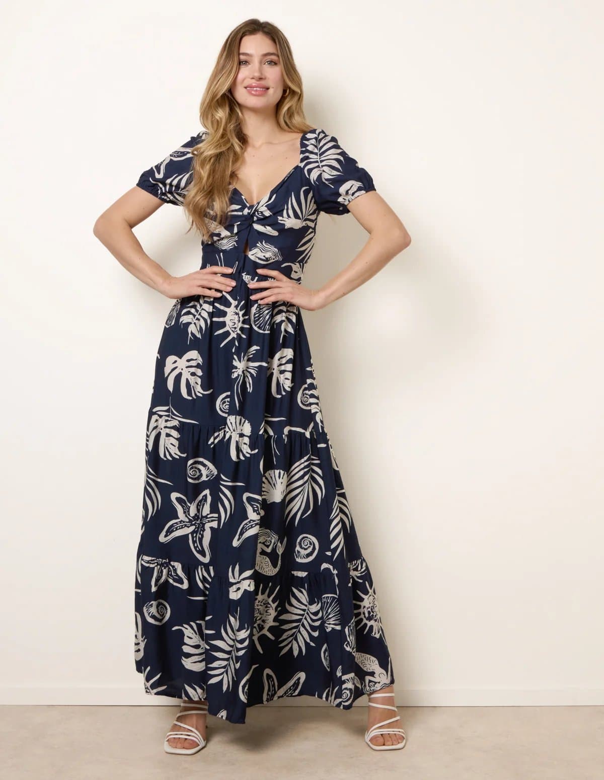 Blue Vanilla Knot Front Puff Sleeve Dress