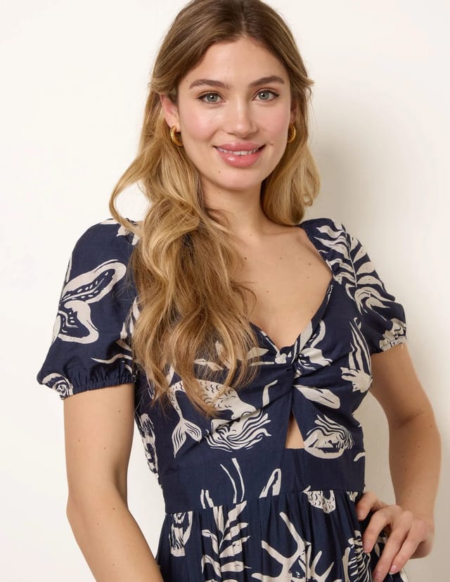 Blue Vanilla Knot Front Puff Sleeve Dress - 2