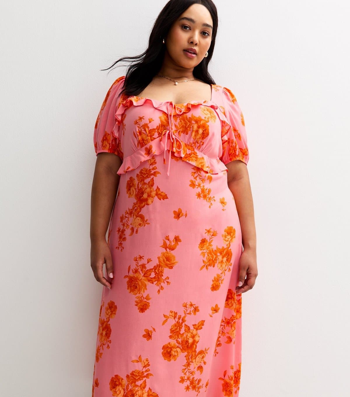 New Look Women's Plus Size Pink Floral Print Ruffle Trim Milkmaid Midi Dress Curves New Look