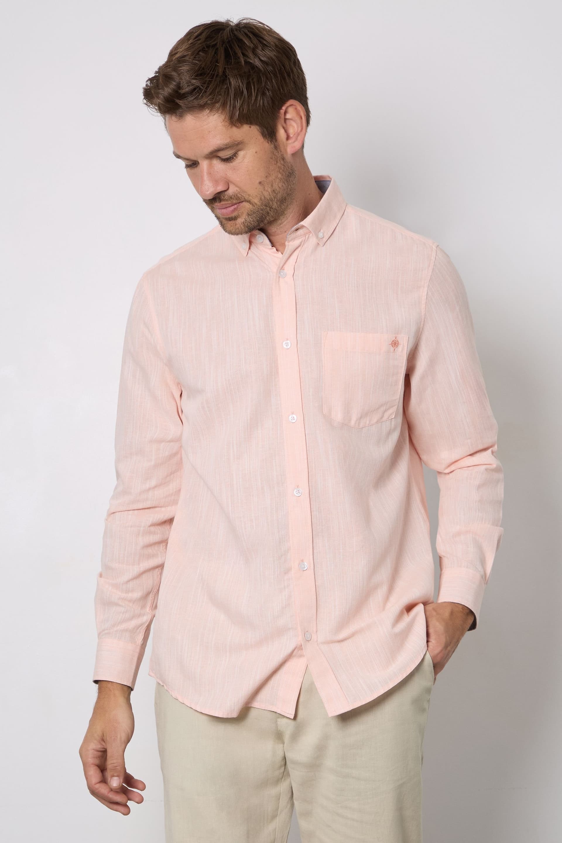 Maine Maine Men's Peach Soft Stripes Long Sleeve Shirt Button Down Shirt