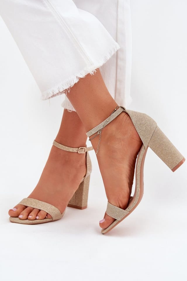 Love Lace Love Lace Women's Shiny Brocade Column Heel Sandals With Buckle Adjustable Strap in Gold - 3