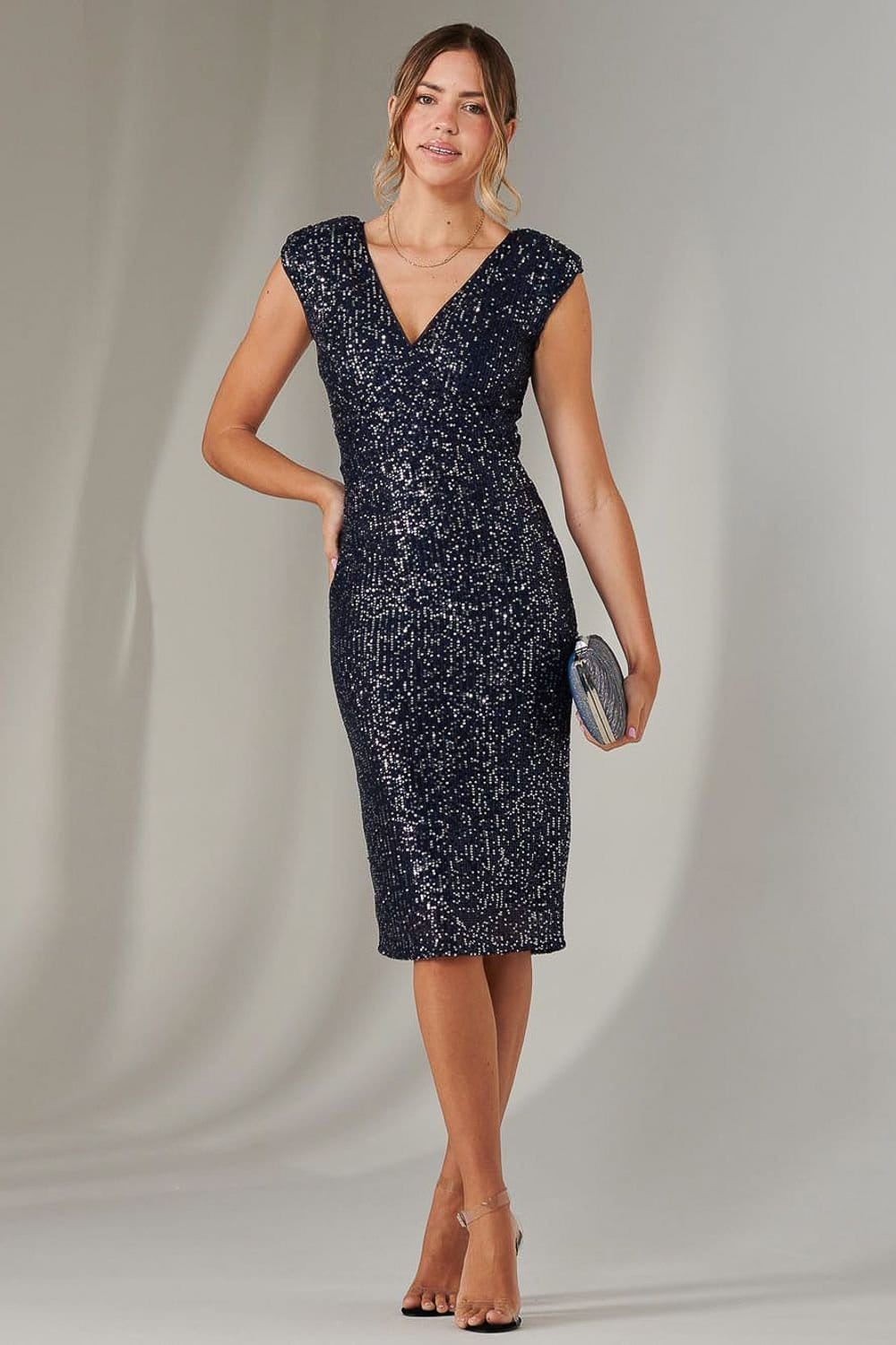 Jolie Moi Jolie Moi Women's Wrap Bodice Sequin Midi Dress in Navy - 4