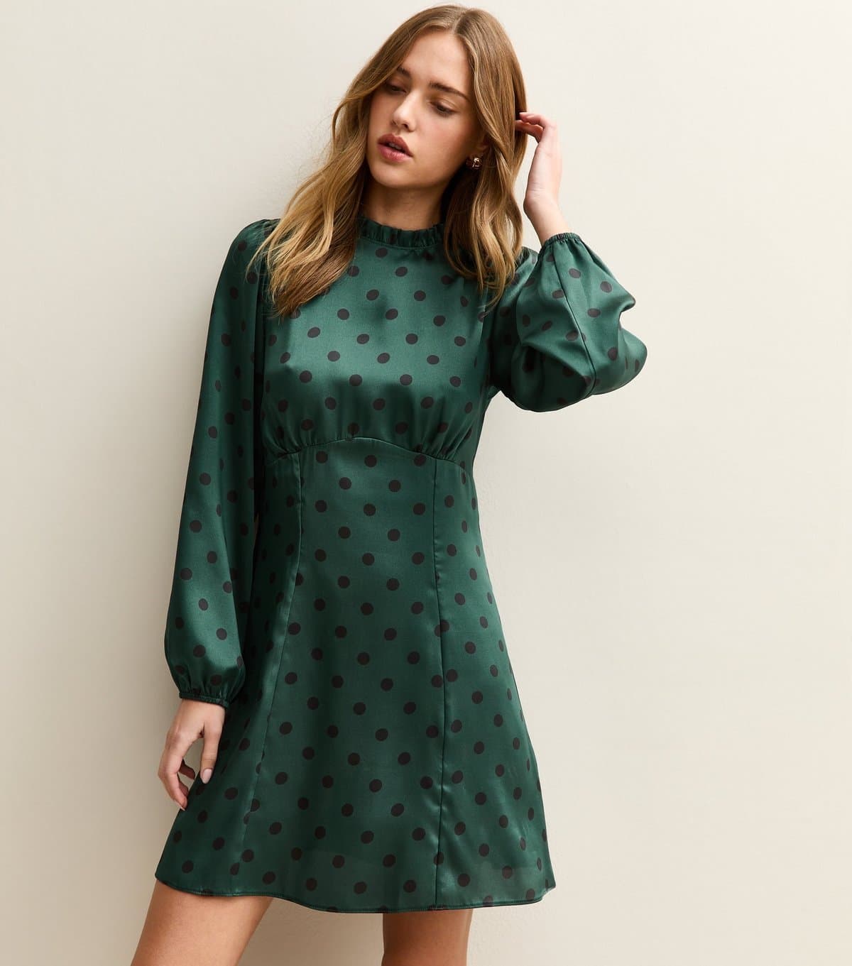 New Look Women's Dark Green Polka Dot Long Sleeve Satin Mini Dress New Look
