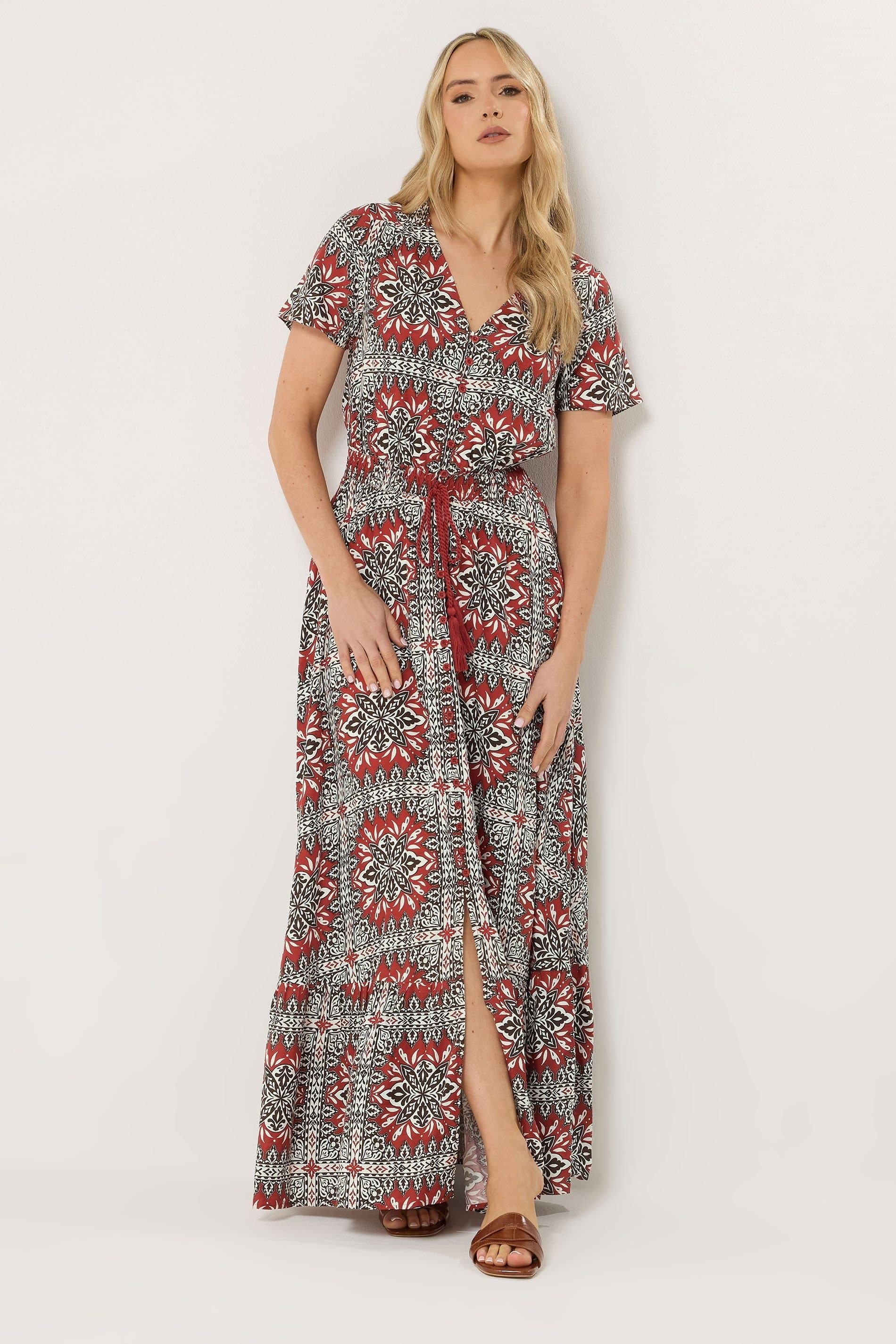 Long Tall Sally Long Tall Sally Women's Tall Tile Print Tie Waist Maxi Dress in Burnt Orange