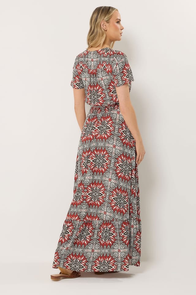 Long Tall Sally Long Tall Sally Women's Tall Tile Print Tie Waist Maxi Dress in Burnt Orange - 3