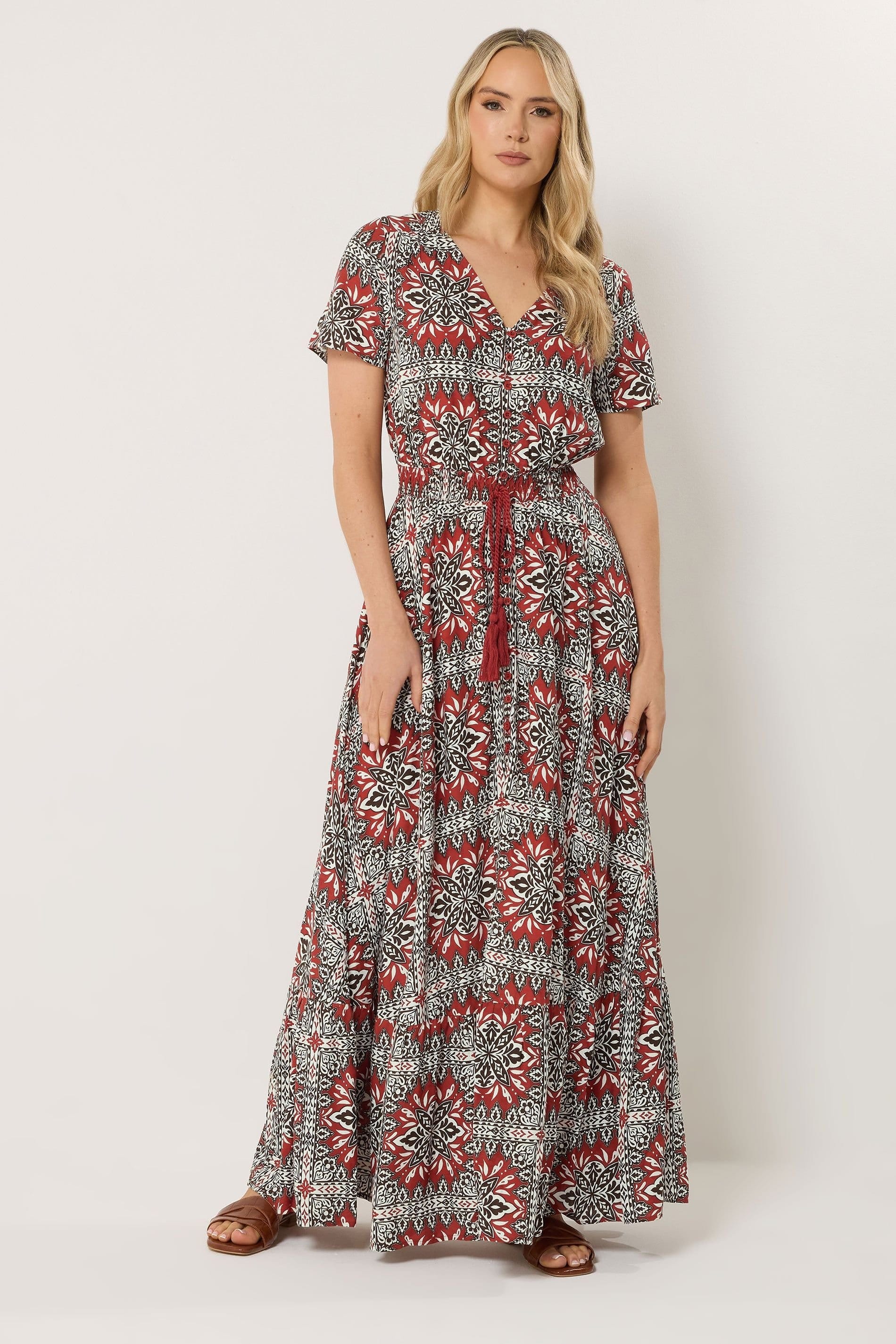 Long Tall Sally Long Tall Sally Women's Tall Tile Print Tie Waist Maxi Dress in Burnt Orange - 4
