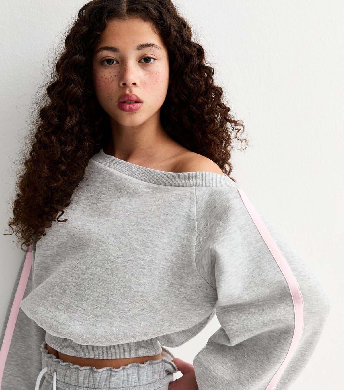 New Look Girls' Grey Off The Shoulder Side Stripe Sweatshirt New Look