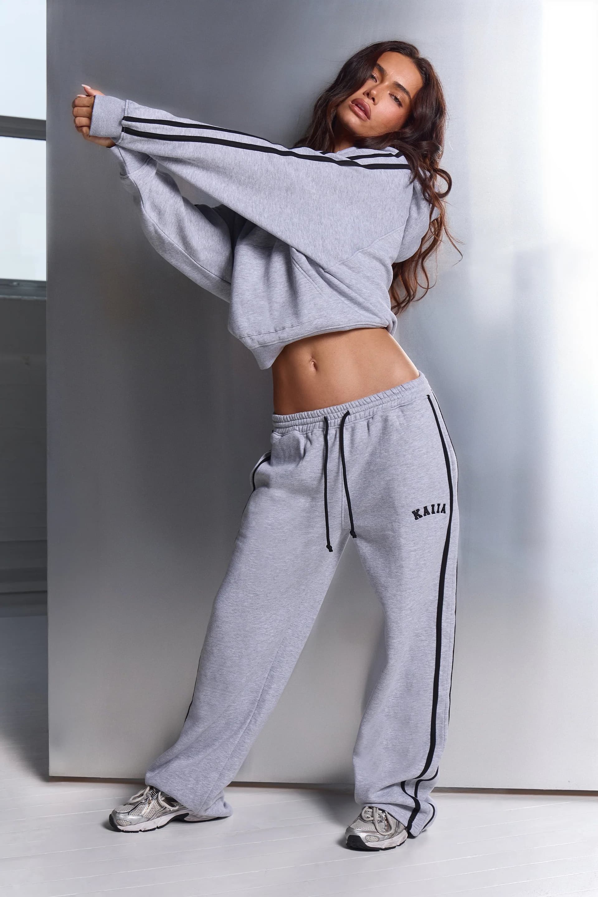 Kaiia Kaiia Side Stripe Wide Leg Joggers Mid Grey Marl & Black
