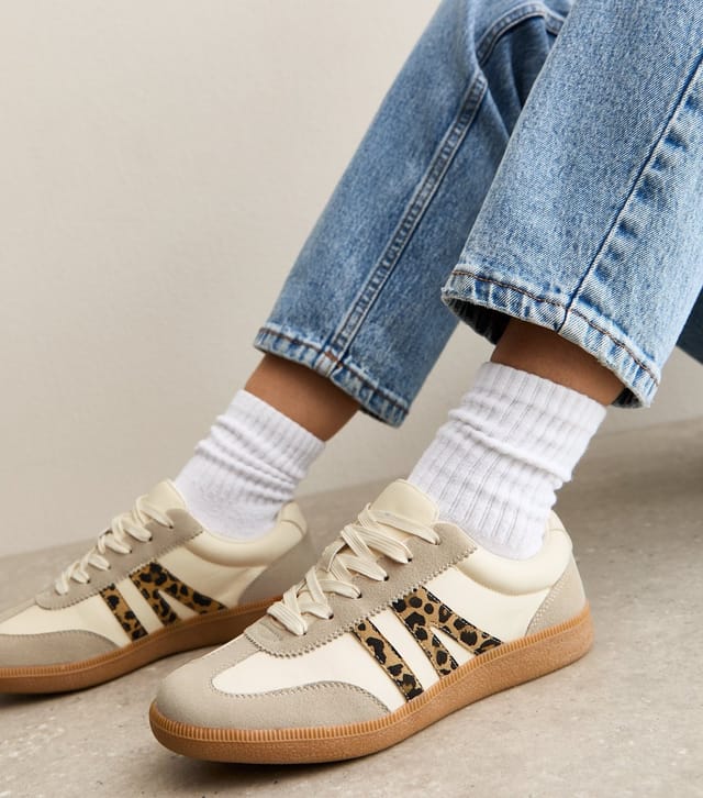 New Look Women's Stone Leopard Trim Panelled Faux Leather Trainers Vegan New Look - 2