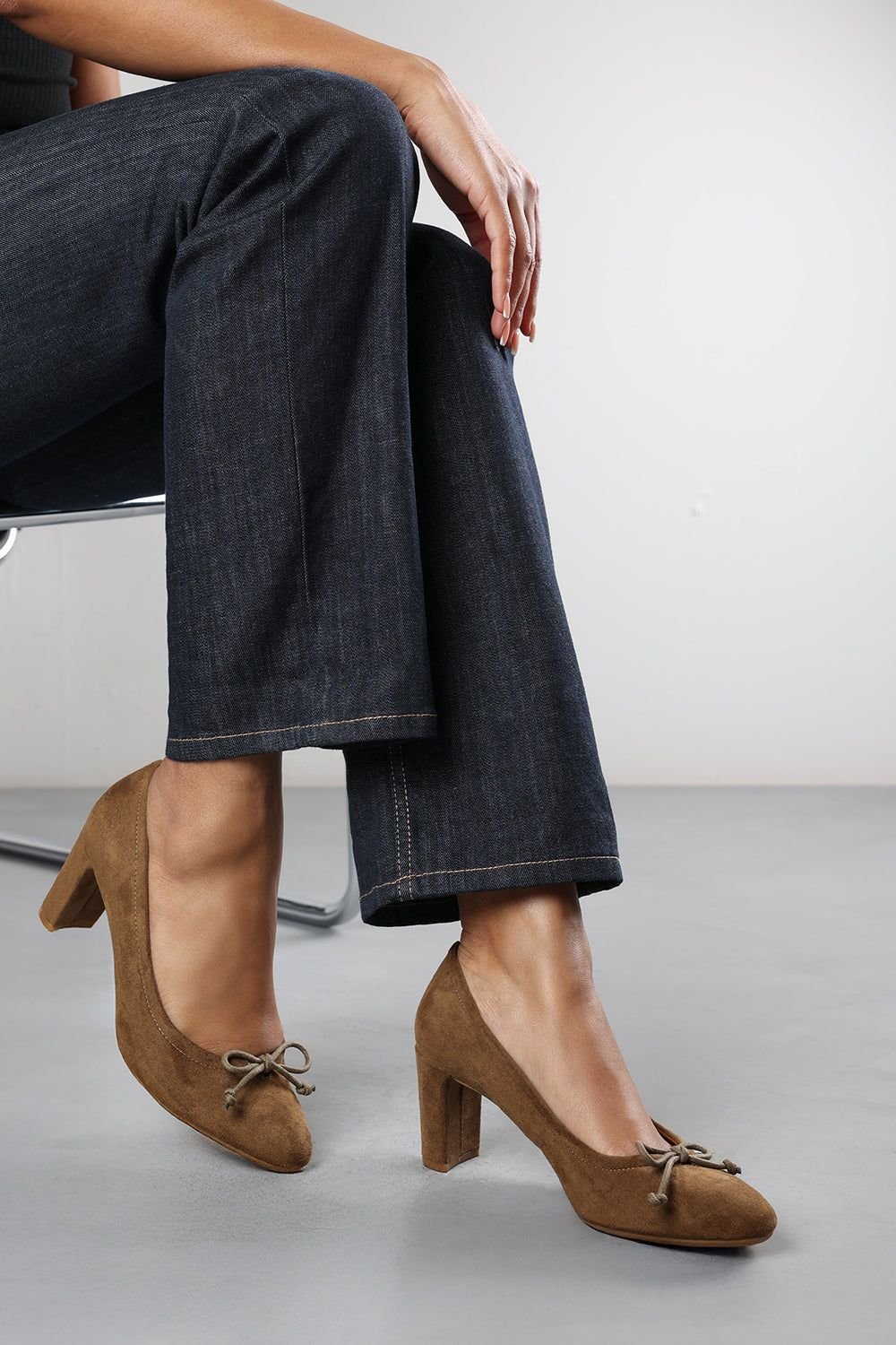 Wheres That From Where's That From Women's 'Primrose' Suede Block Heel Court Shoe With Bow Detail in Khaki - 4