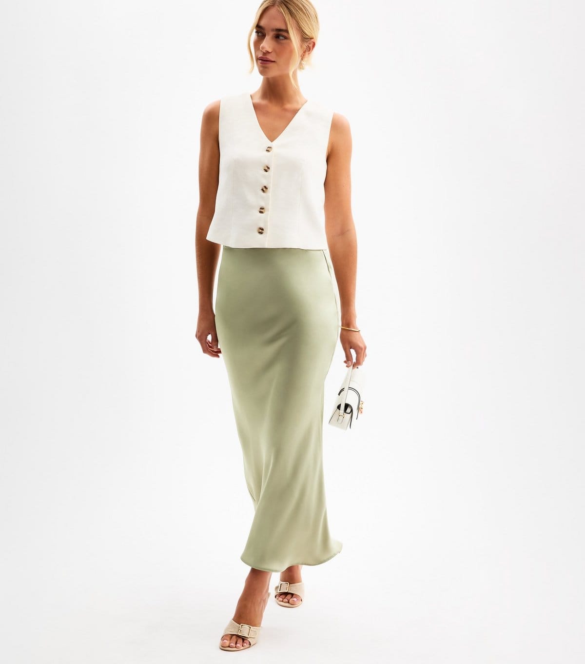 New Look Light Green Satin Midi Skirt