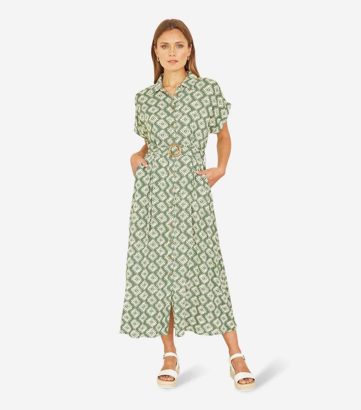 Yumi Women's Green Patterned Midi Shirt Dress Yumi New Look