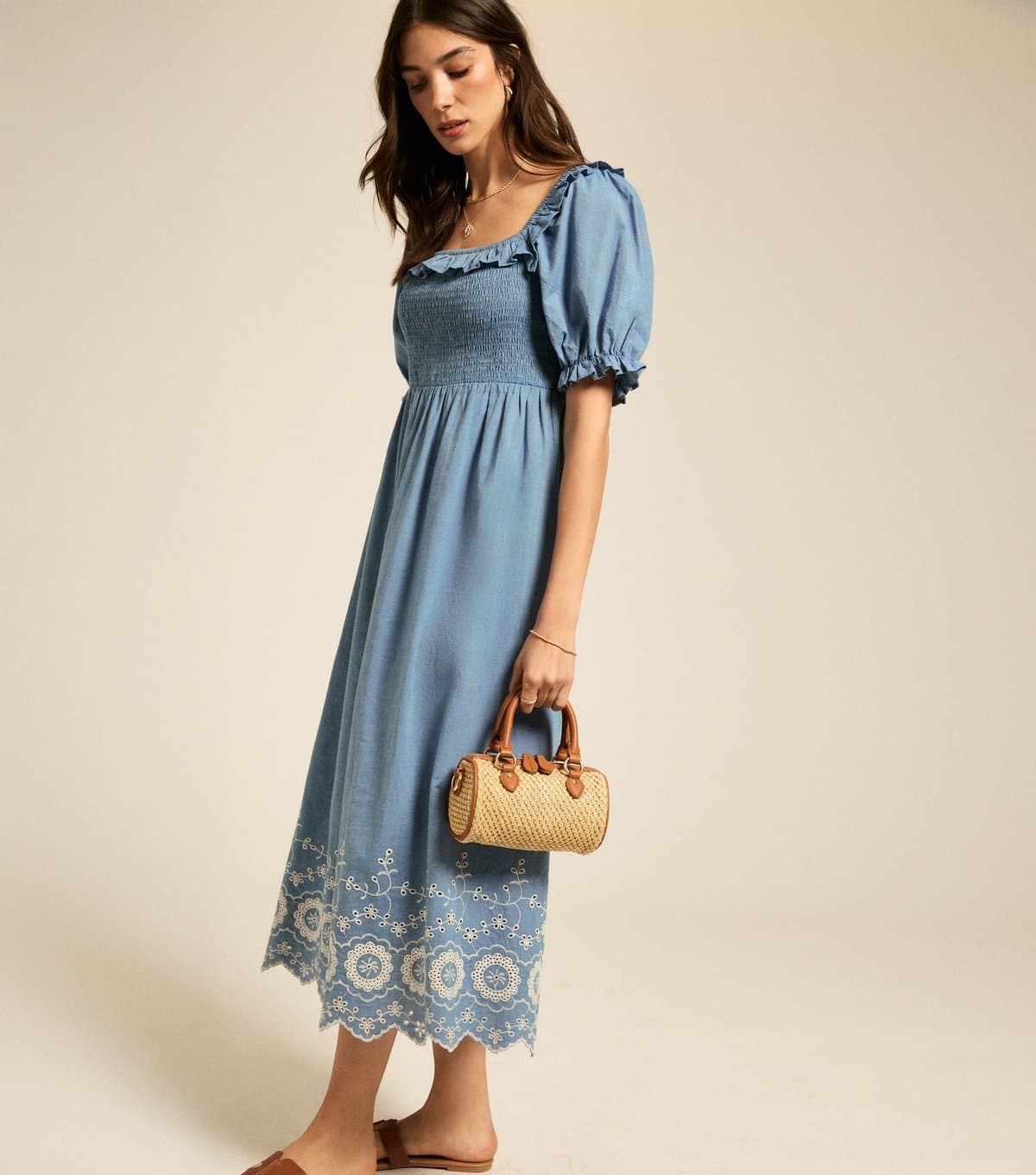 New Look Women's Blue Floral Embroidered Frilly Trim Midi Dress New Look