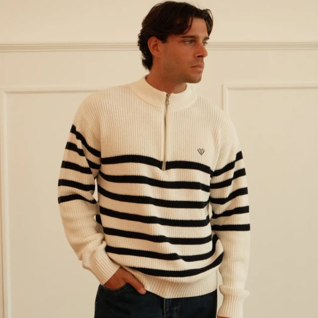 Walker & Hunt Walker & Hunt Men's Striped Huxley Quarter Zip in Off-White - 3