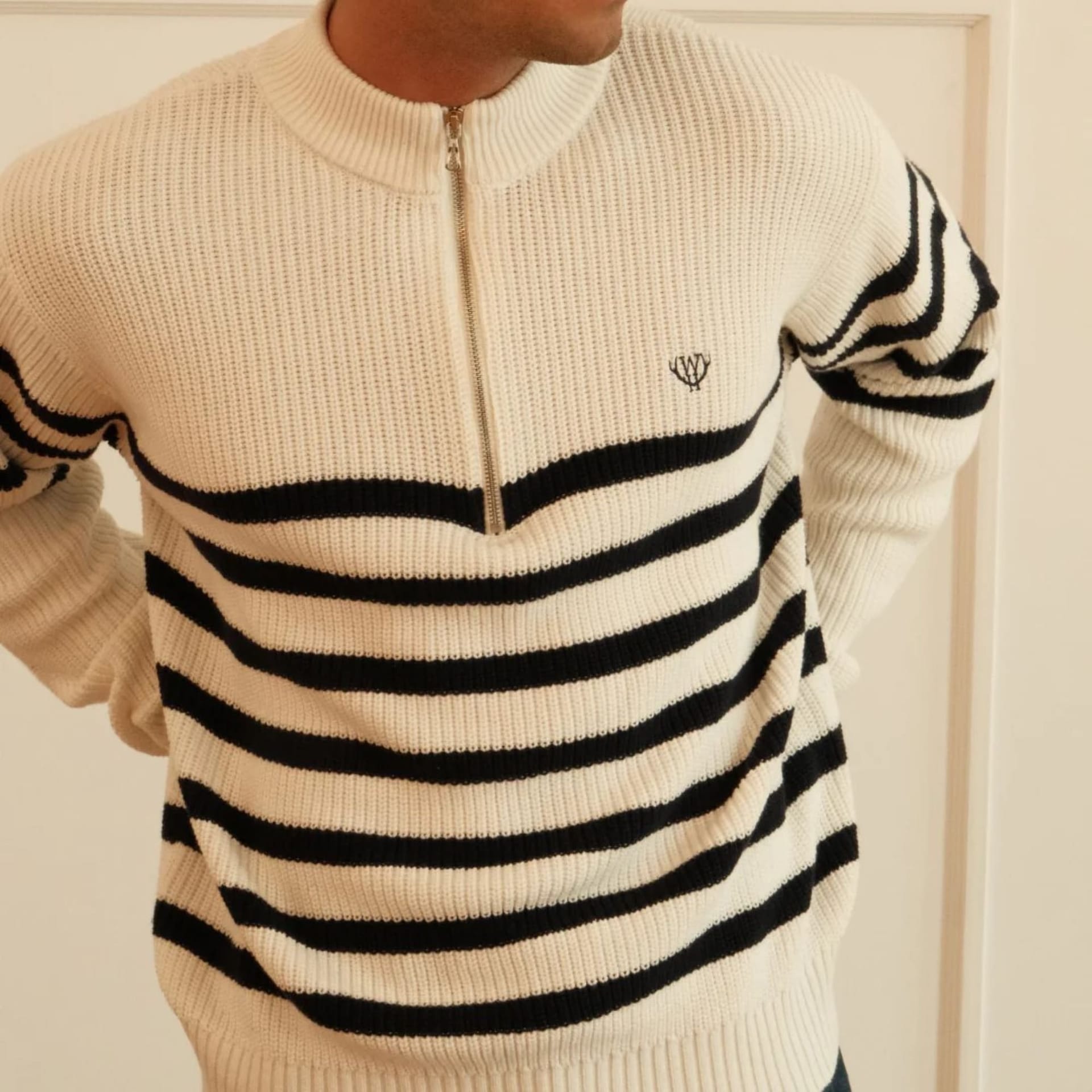Walker & Hunt Walker & Hunt Men's Striped Huxley Quarter Zip in Off-White - 4
