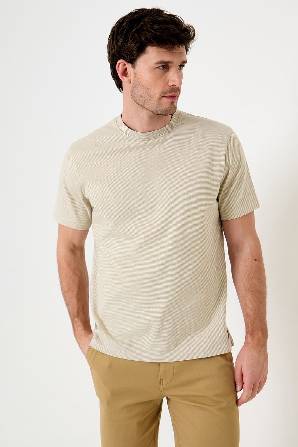 Saltwell Saltwell Men's Stripe Crew Neck Cotton T-Shirt in Light Sand