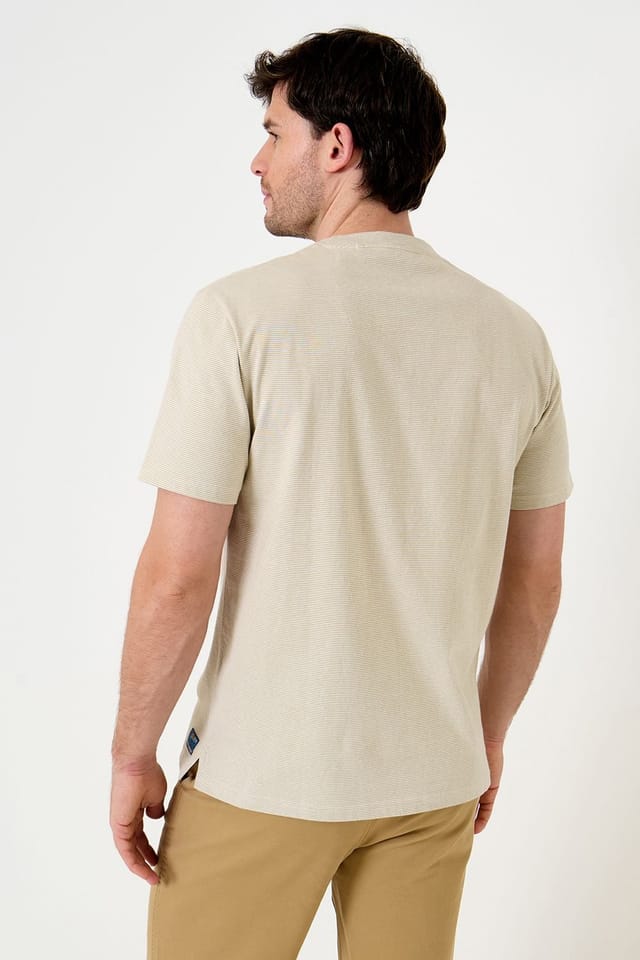 Saltwell Saltwell Men's Stripe Crew Neck Cotton T-Shirt in Light Sand - 2
