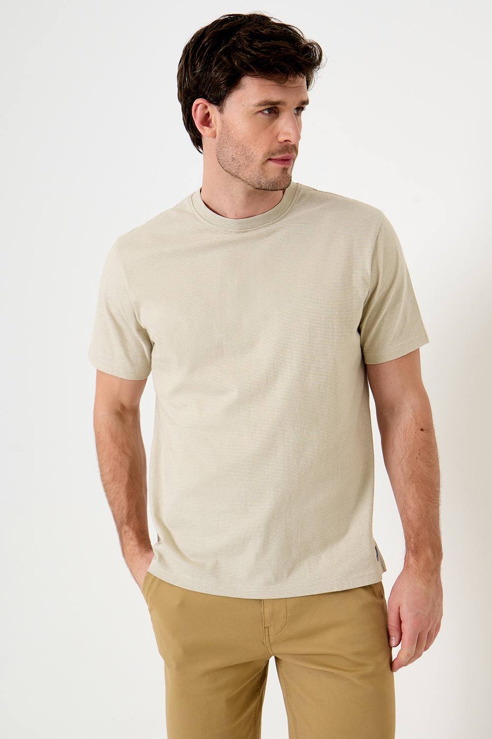 Saltwell Saltwell Men's Stripe Crew Neck Cotton T-Shirt in Light Sand - 3