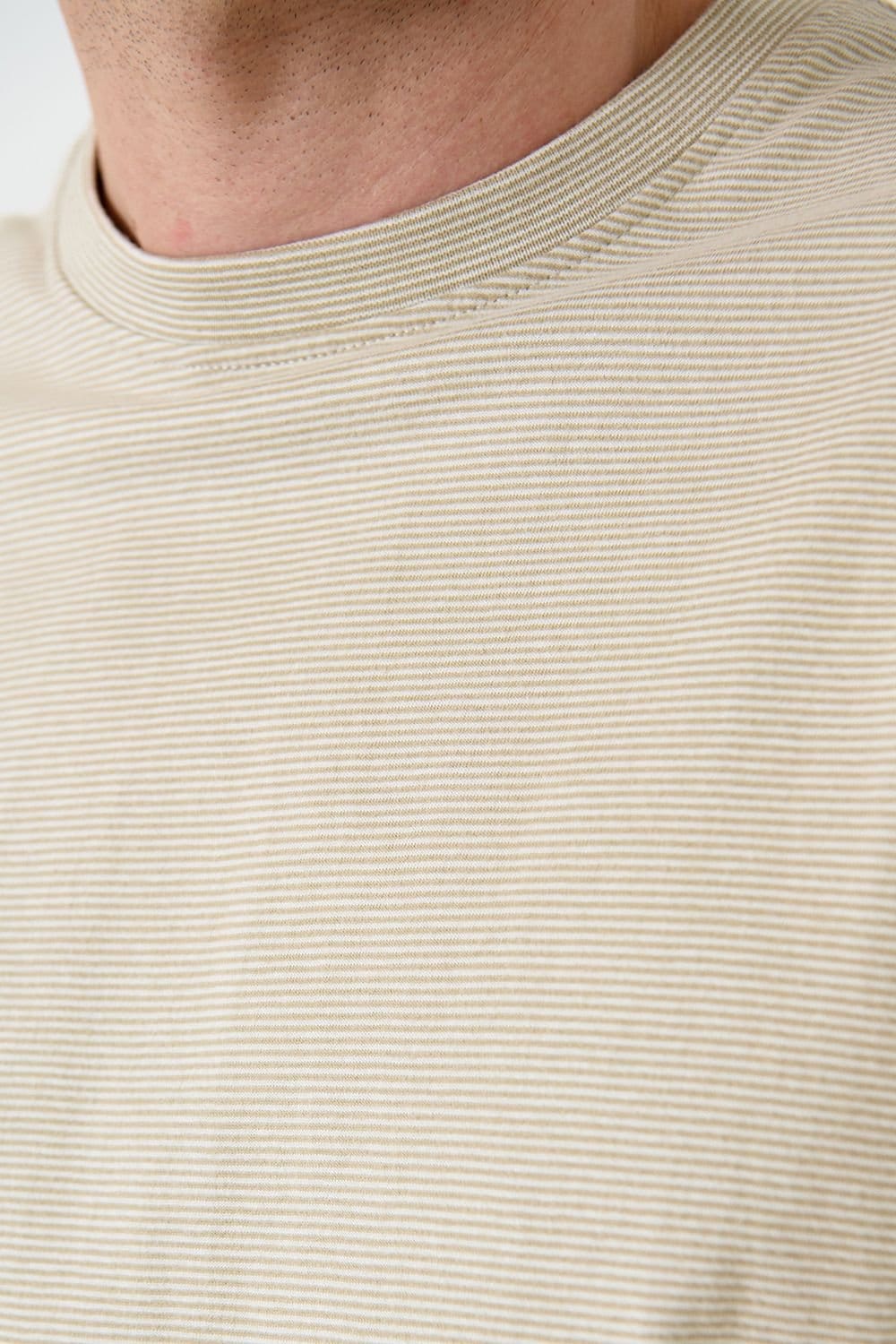 Saltwell Saltwell Men's Stripe Crew Neck Cotton T-Shirt in Light Sand - 4