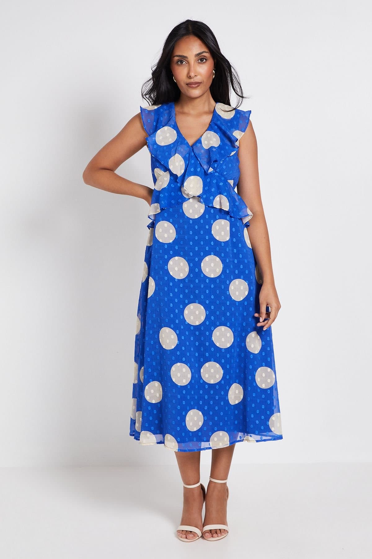 Wallis Wallis Women's Petite Polka Dot Dobby Ruffle Midi Dress in Blue